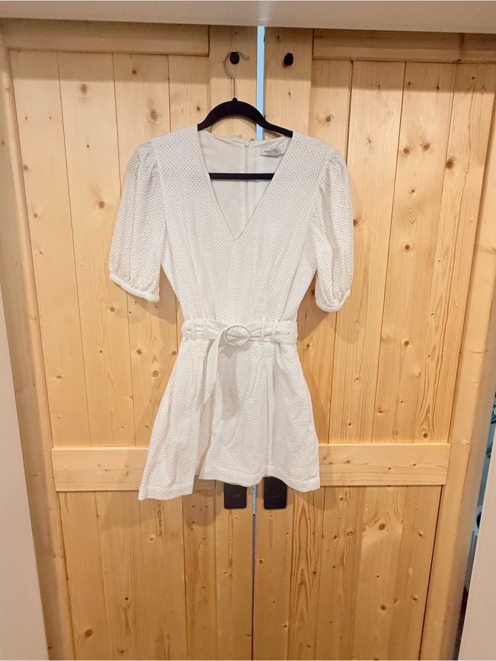 Club Monaco White Textured V-Neck Belted Mini Dress